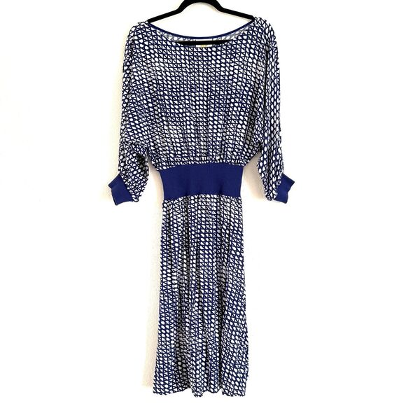 Anthropologie Maeve Women Gemma Dress Blue White Geometric Dolman Sleeve - Picture 2 of 13